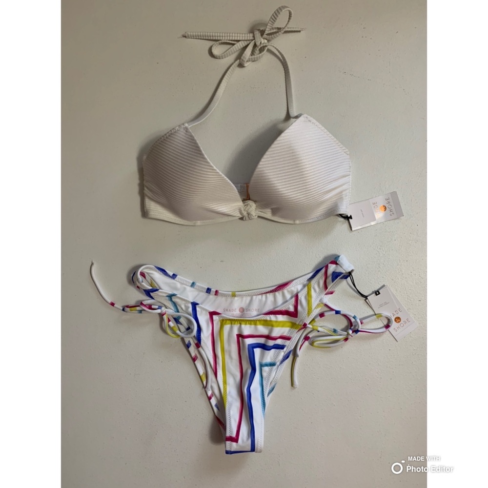 Shade & Shore 2-Piece Bikini White Halter Top + Cheeky Bottom 32B / Small NWT